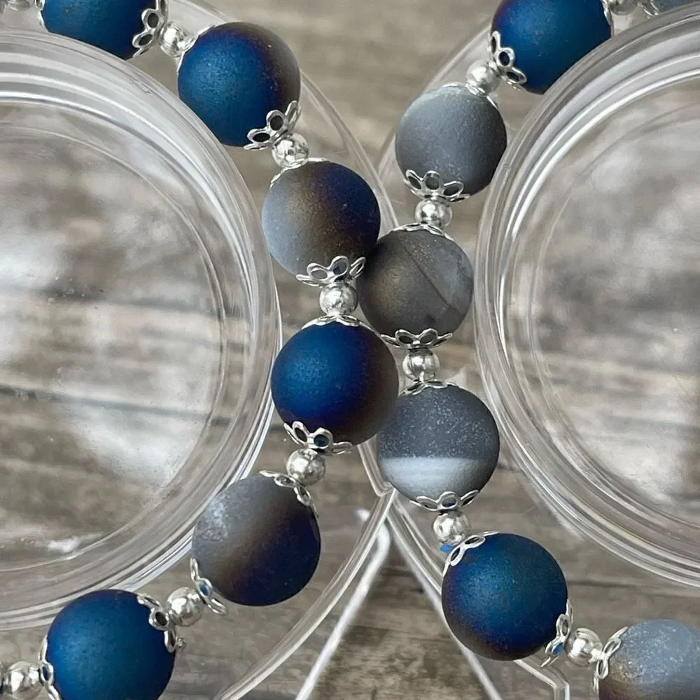 Druzy Peacock Aura Agate Crystal 10mm NEW blue purple white gold bracelet ONE st